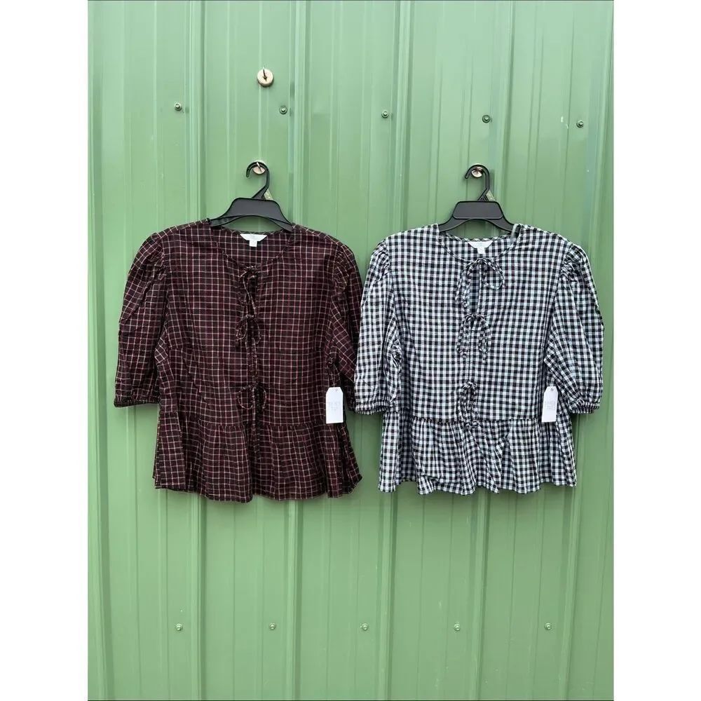 Women's L Blooming Blue Tie Front Peplum Top w/Short Puff Sleeves 2-Pack Size XL